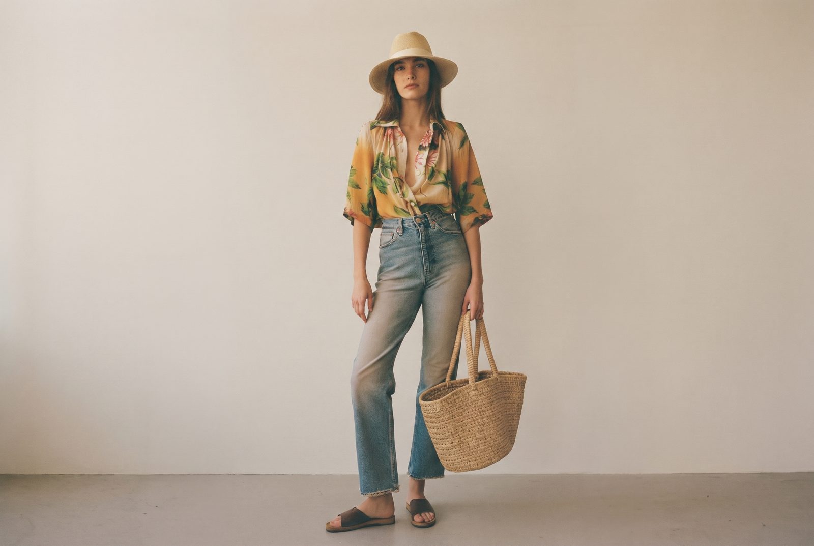 This week’s look, styled head to toe — a lauhala sun hat, a silk aloha-print blouse, sun-faded high-waist Levi’s, leather slide sandals, and a hand-woven lauhala tote.